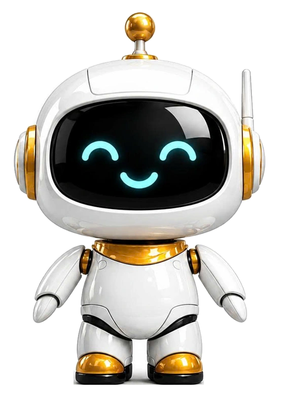 Robot AIFIN toàn thân màu trắng và vàng kim, hai tay, hai chân và gương mặt cyan